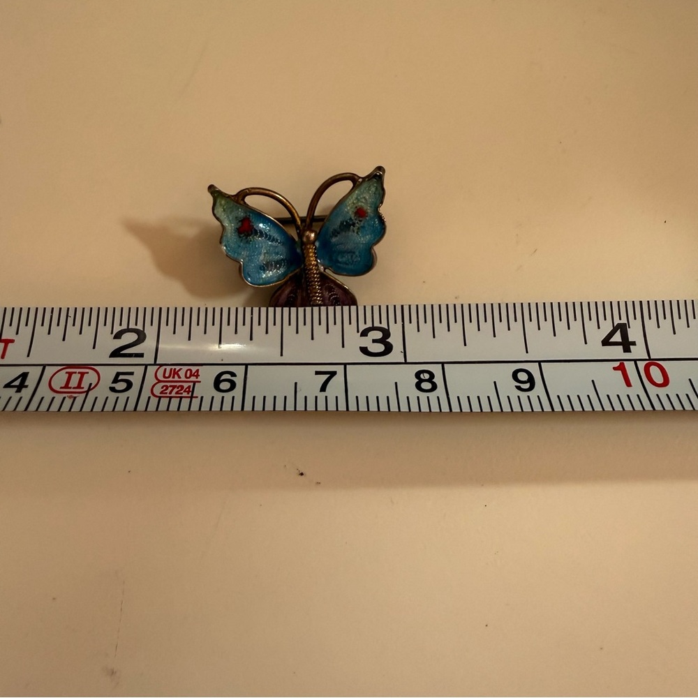 Antique 800 silver deco Filagree blue plique-a-jour Enamel tiny Butterfly brooch - Picture 10 of 17
